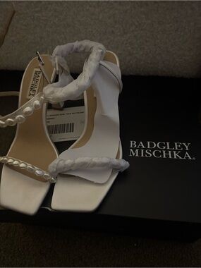 Badgley Mischka White Pearl Braided Ankle Strap Heels